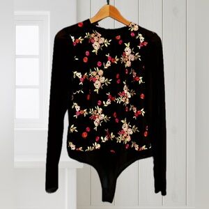 Bebe Sheer Black Floral Embroidered Bodysuit